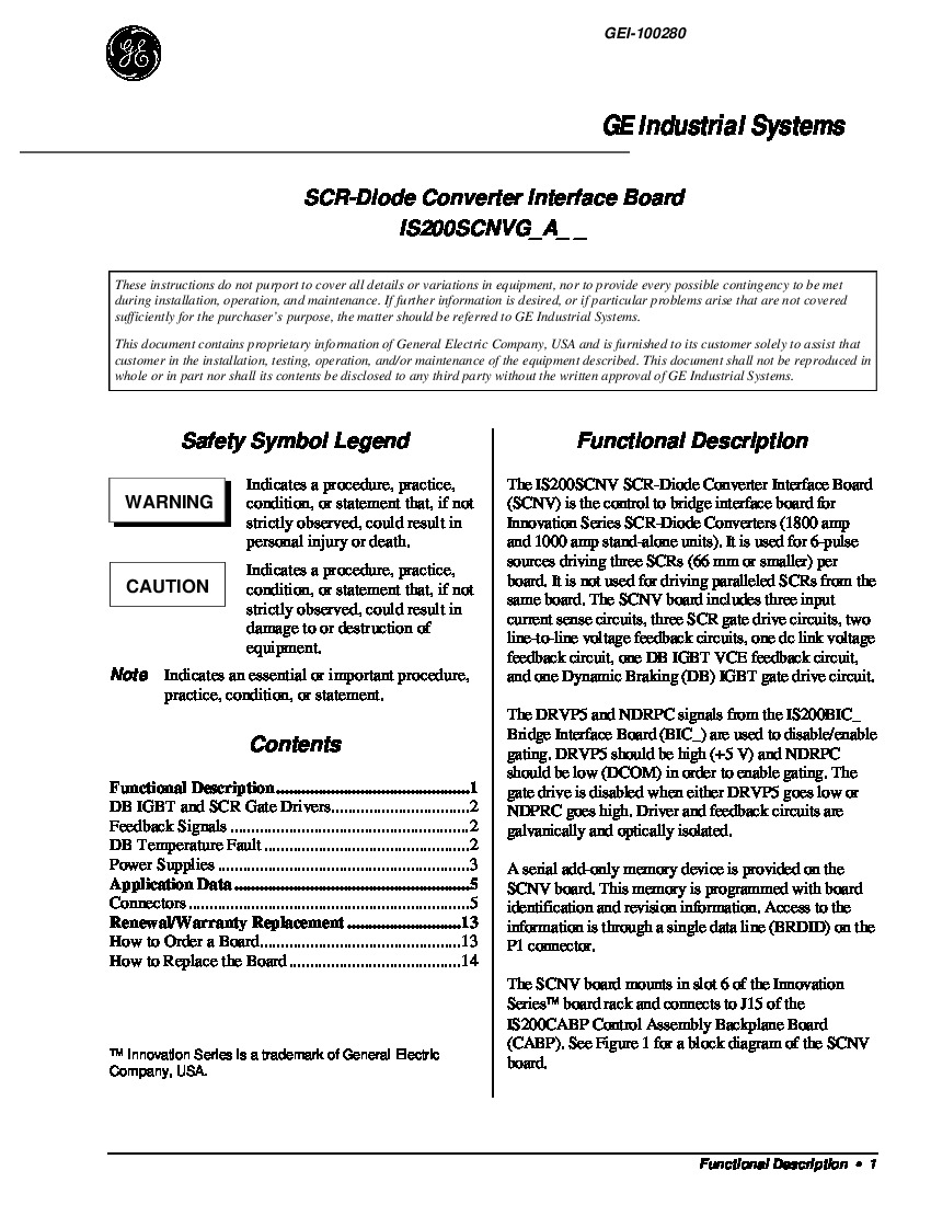 First Page Image of IS200SCNVG1ADC SCR Diode Converter Interface Board GEI-100280.pdf